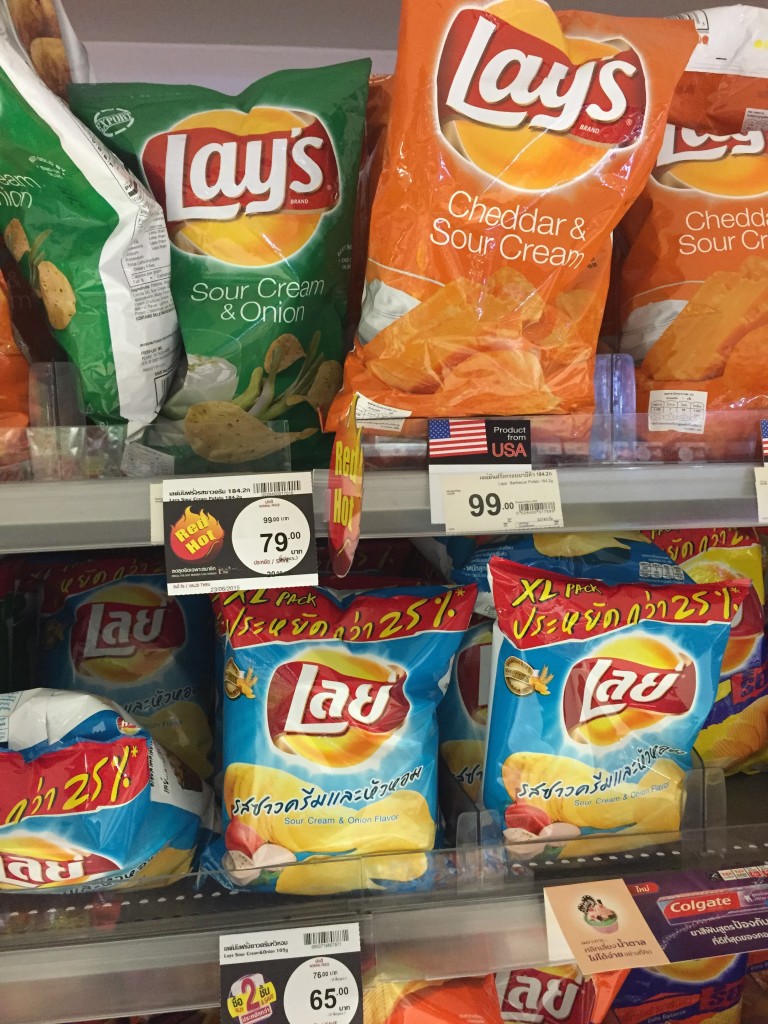 A large bag of chips cost about the same in USA, about $3USD a bag...