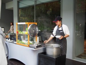 Breakfast egg and noodle station