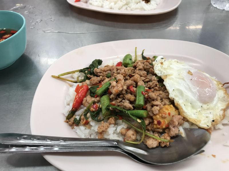 Thai holy basil with pork and fried egg over rice