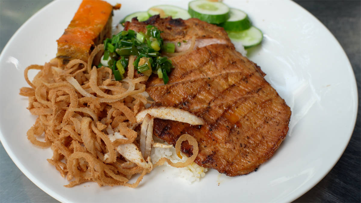 Com tam with grilled pork, egg pork meatloaf and shredded pork skin