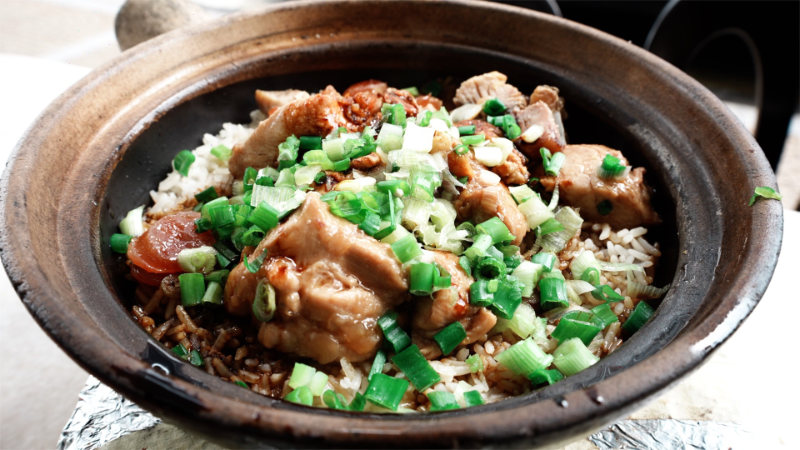 Claypot rice with chicken, chinese sausage, and salt fish